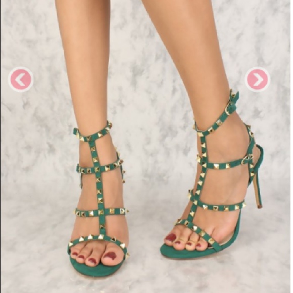 Emerald studded open toe strapped high heels